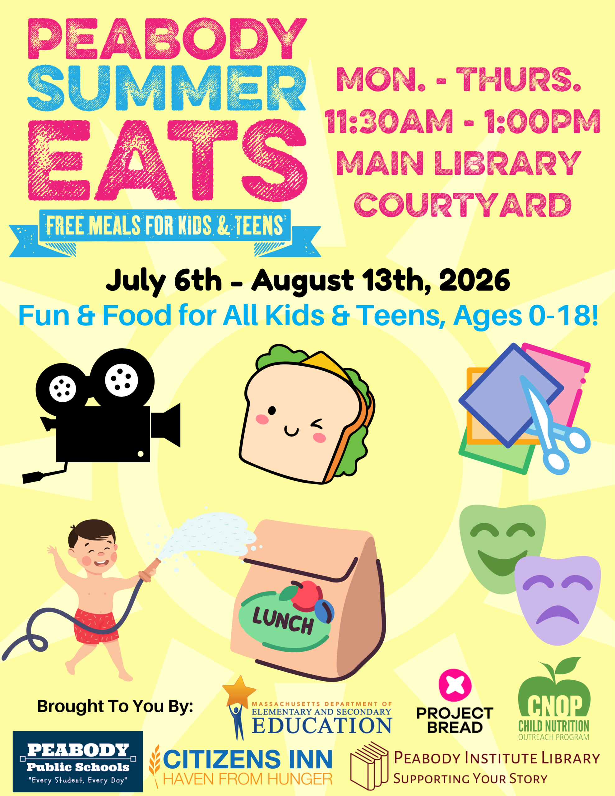 Join us Mondays through Thursdays from July 6th through August 13th for Summer Foods - Our Free Summer Lunch Program for Children and Teens, ages 0-18.